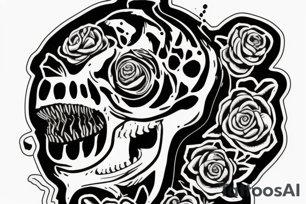 dinosaur's skull growing on a flower steam tattoo idea