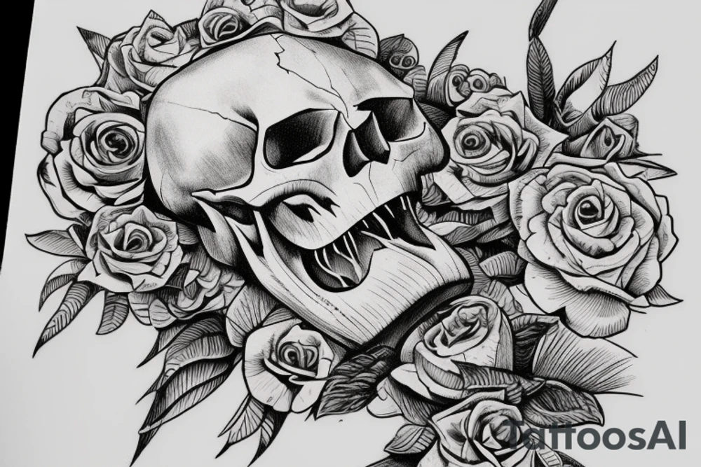 dinosaur's skull growing on a flower steam tattoo idea
