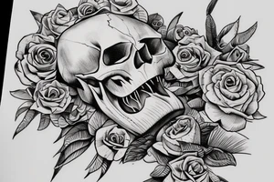 dinosaur's skull growing on a flower steam tattoo idea