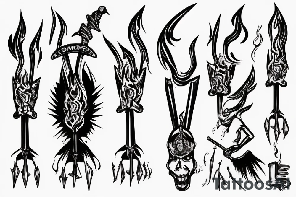 FLAMING double-bladed drag hoe or two-pronged mattock tattoo idea