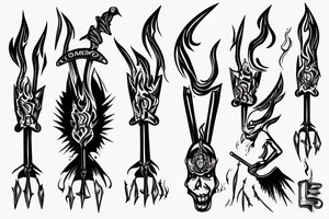 FLAMING double-bladed drag hoe or two-pronged mattock tattoo idea