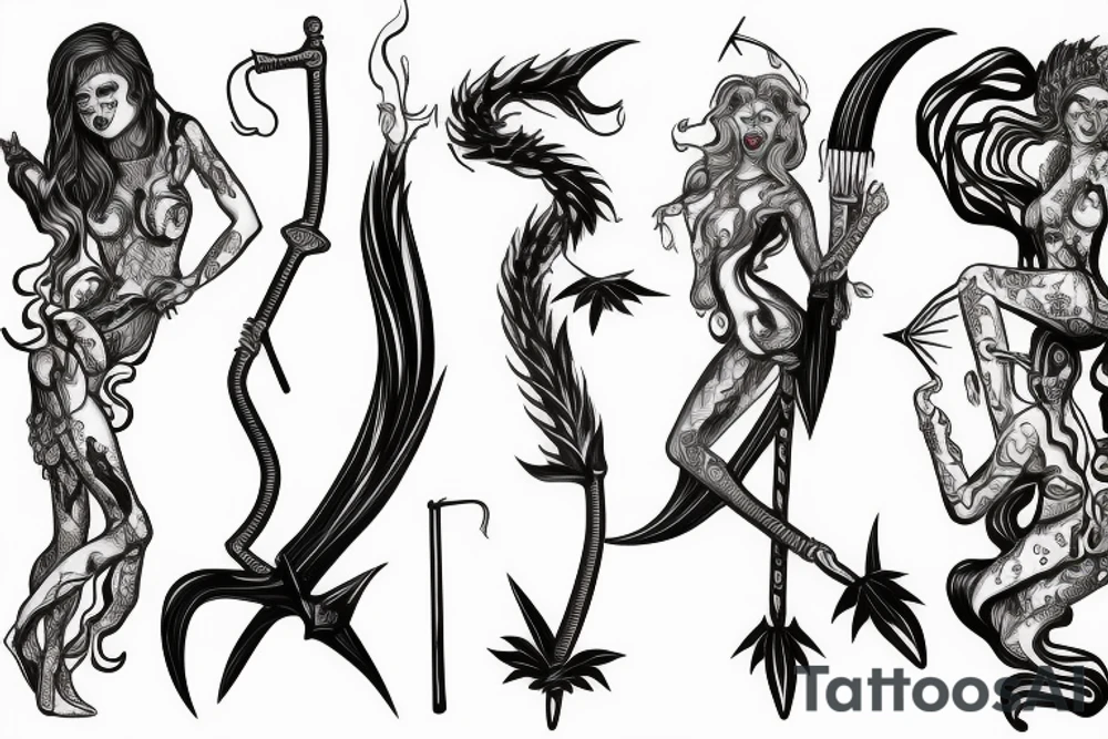 FLAMING double-bladed drag hoe or two-pronged mattock tattoo idea