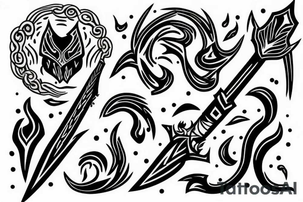 A SPEAR THAT IS IN THE STYLE OF HADES WITH FLAMES COMING OFF OF IT tattoo idea