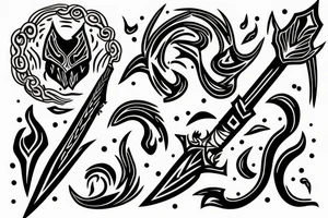 A SPEAR THAT IS IN THE STYLE OF HADES WITH FLAMES COMING OFF OF IT tattoo idea