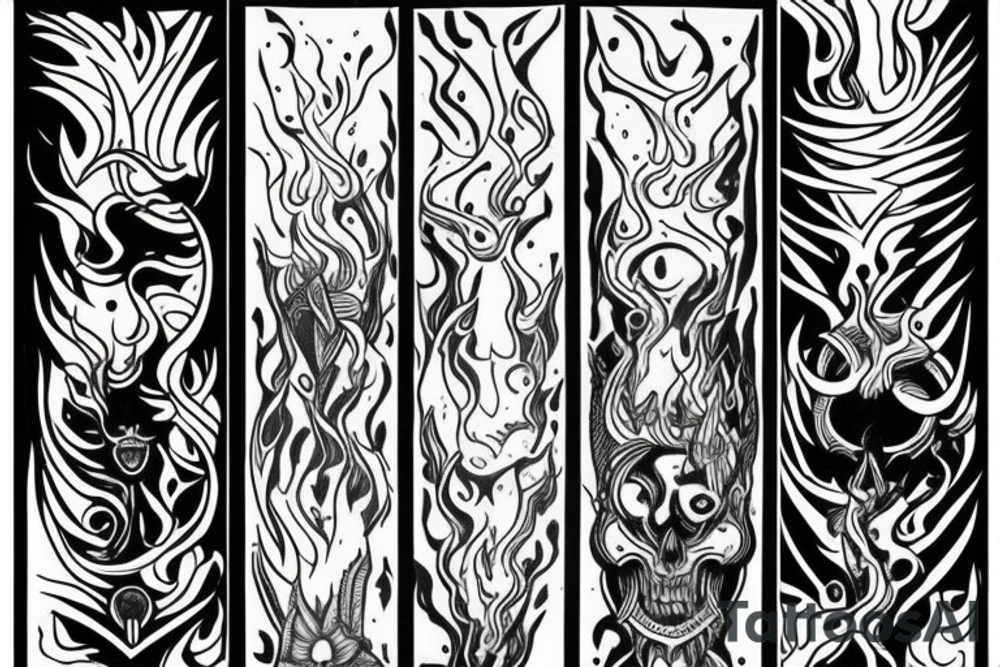 A SPEAR THAT IS IN THE STYLE OF HADES WITH FLAMES COMING OFF OF IT tattoo idea
