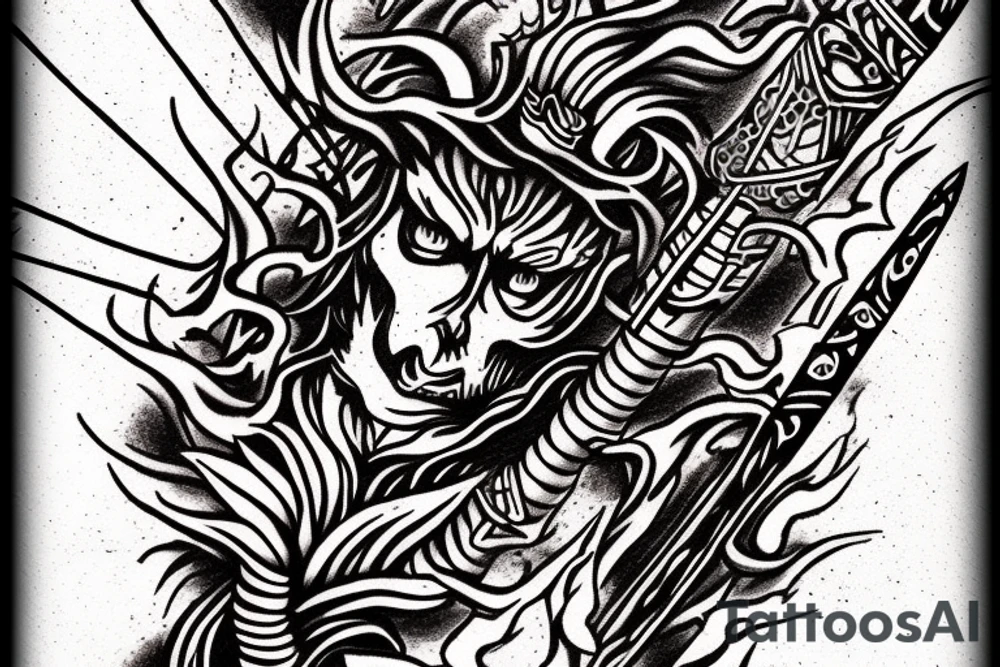 A TWO-PRONGED SPEAR THAT IS IN THE STYLE OF HADES WITH FLAMES COMING OFF OF IT tattoo idea