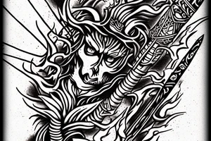 A TWO-PRONGED SPEAR THAT IS IN THE STYLE OF HADES WITH FLAMES COMING OFF OF IT tattoo idea
