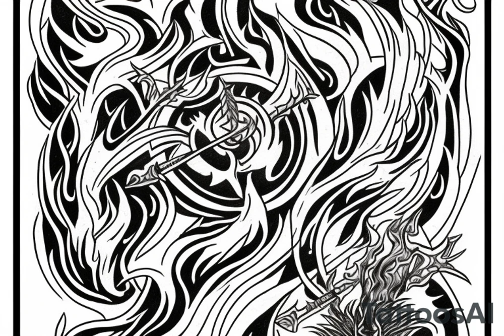 A TWO-PRONGED SPEAR THAT IS IN THE STYLE OF HADES WITH FLAMES COMING OFF OF IT tattoo idea