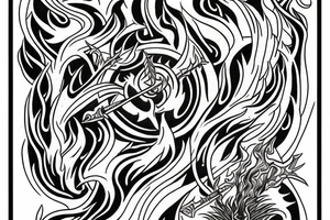 A TWO-PRONGED SPEAR THAT IS IN THE STYLE OF HADES WITH FLAMES COMING OFF OF IT tattoo idea