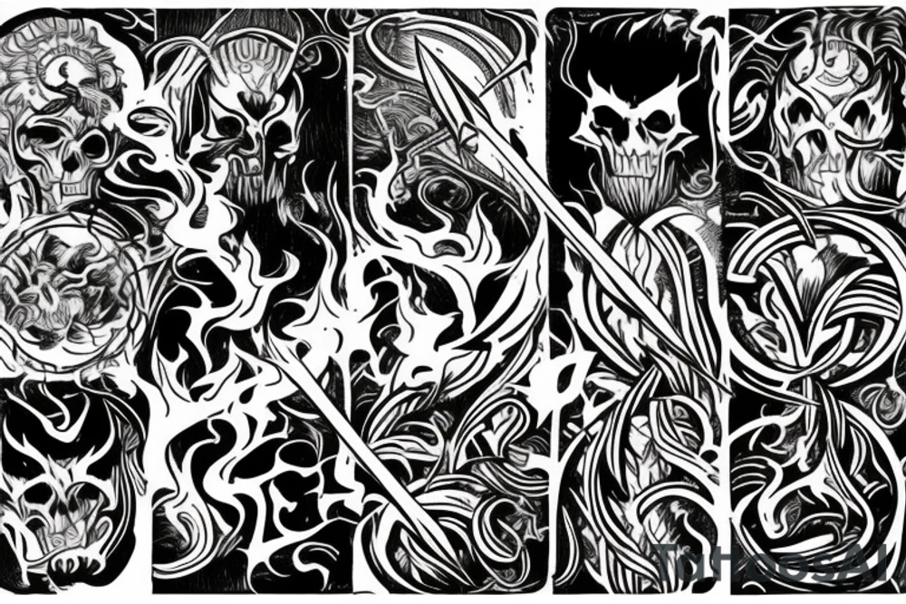 A TWO-PRONGED SPEAR THAT IS IN THE STYLE OF HADES WITH FLAMES COMING OFF OF IT tattoo idea