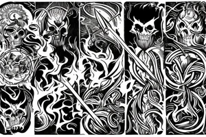 A TWO-PRONGED SPEAR THAT IS IN THE STYLE OF HADES WITH FLAMES COMING OFF OF IT tattoo idea