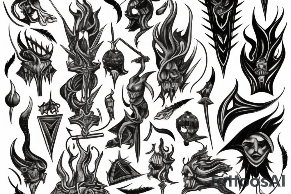 A TWO-PRONGED SPEAR THAT IS IN THE STYLE OF HADES WITH FLAMES COMING OFF OF IT tattoo idea