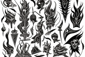 A TWO-PRONGED SPEAR THAT IS IN THE STYLE OF HADES WITH FLAMES COMING OFF OF IT tattoo idea