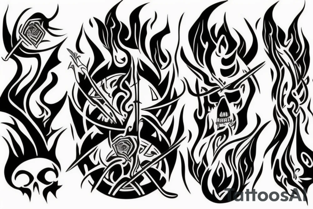 A TWO-PRONGED SPEAR THAT IS IN THE STYLE OF HADES WITH FLAMES COMING OFF OF IT tattoo idea
