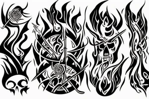 A TWO-PRONGED SPEAR THAT IS IN THE STYLE OF HADES WITH FLAMES COMING OFF OF IT tattoo idea
