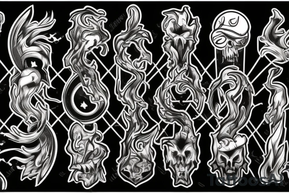 A TWO-PRONGED PITCHFORK THAT IS IN THE STYLE OF HADES WITH FLAMES COMING OFF OF IT tattoo idea