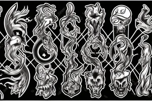 A TWO-PRONGED PITCHFORK THAT IS IN THE STYLE OF HADES WITH FLAMES COMING OFF OF IT tattoo idea