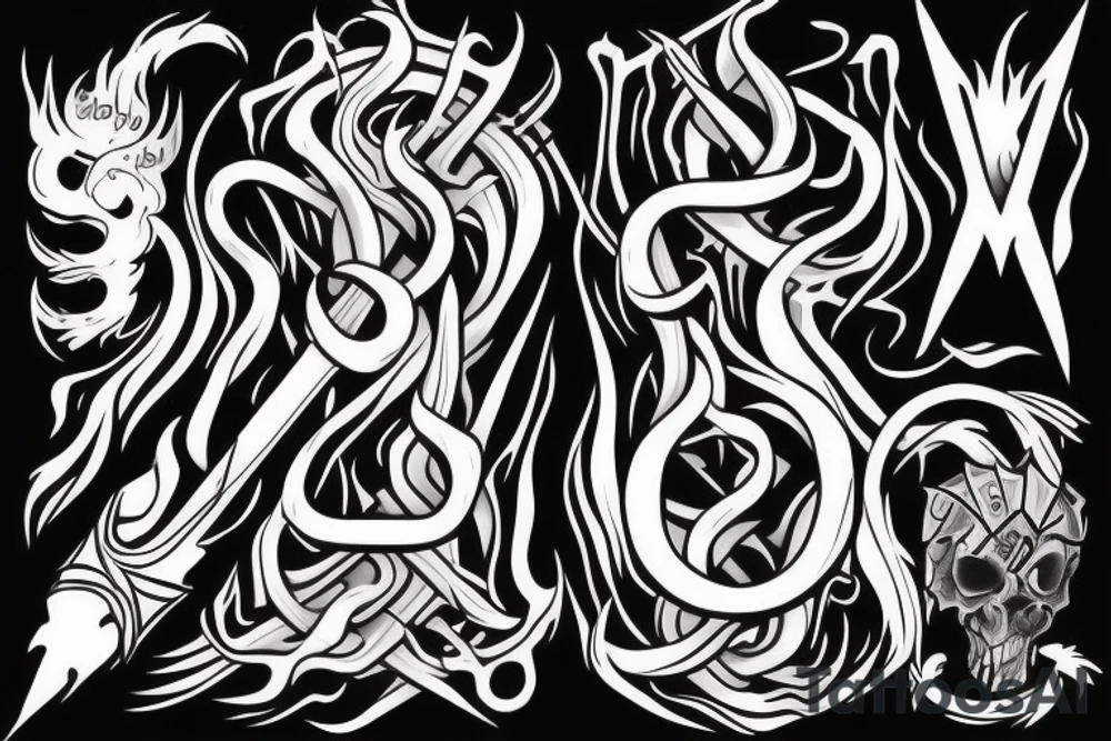 A TWO-PRONGED PITCHFORK THAT IS IN THE STYLE OF HADES WITH FLAMES COMING OFF OF IT tattoo idea