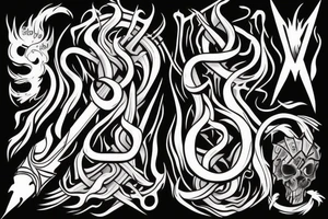 A TWO-PRONGED PITCHFORK THAT IS IN THE STYLE OF HADES WITH FLAMES COMING OFF OF IT tattoo idea