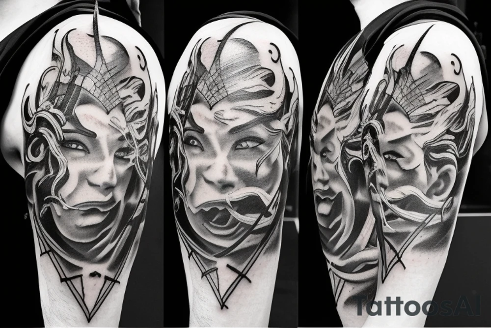 A TWO-PRONGED PITCHFORK THAT IS IN THE STYLE OF HADES WITH FLAMES COMING OFF OF IT tattoo idea