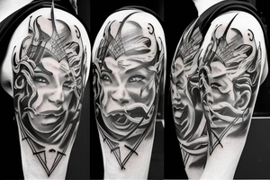 A TWO-PRONGED PITCHFORK THAT IS IN THE STYLE OF HADES WITH FLAMES COMING OFF OF IT tattoo idea