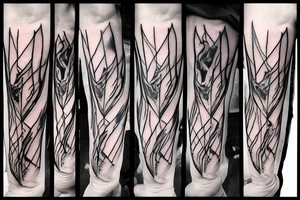 A TWO-PRONGED PITCHFORK THAT IS IN THE STYLE OF HADES WITH FLAMES COMING OFF OF IT tattoo idea
