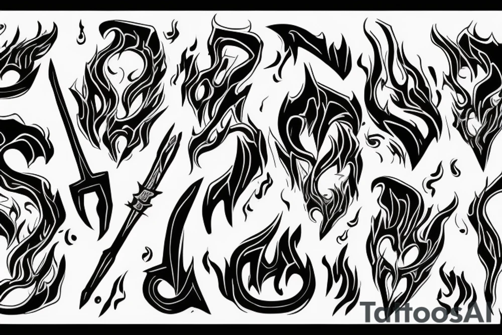 A TWO-PRONGED PITCHFORK THAT IS IN THE STYLE OF HADES WITH FLAMES COMING OFF OF IT tattoo idea