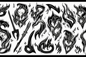 A TWO-PRONGED PITCHFORK THAT IS IN THE STYLE OF HADES WITH FLAMES COMING OFF OF IT tattoo idea