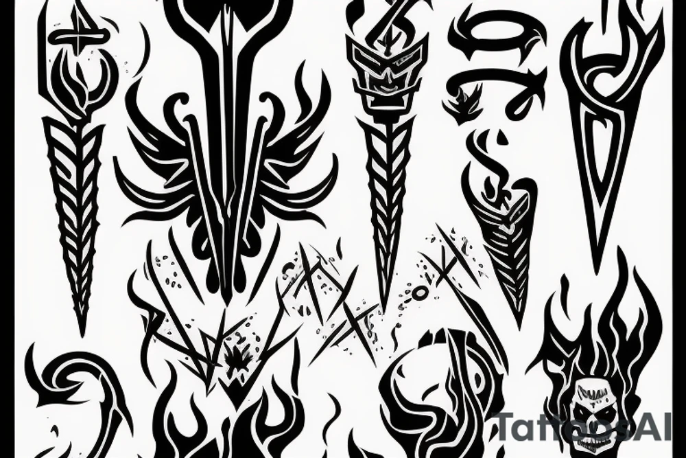 A TWO-PRONGED PITCHFORK THAT IS IN THE STYLE OF HADES WITH FLAMES COMING OFF OF IT tattoo idea