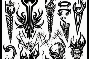 A TWO-PRONGED PITCHFORK THAT IS IN THE STYLE OF HADES WITH FLAMES COMING OFF OF IT tattoo idea