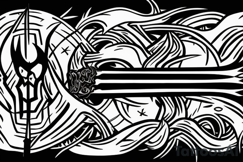 A TWO-PRONGED PITCHFORK THAT IS IN THE STYLE OF GODS WITH FLAMES COMING OFF OF IT tattoo idea