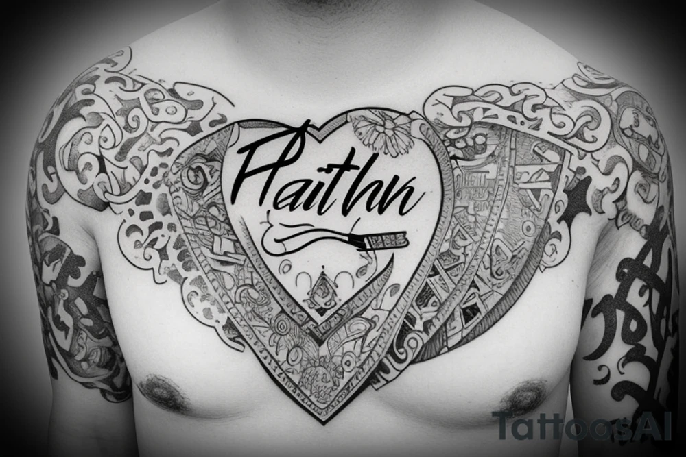 The word "Faith" written inside a heart, not extremely busy tattoo idea