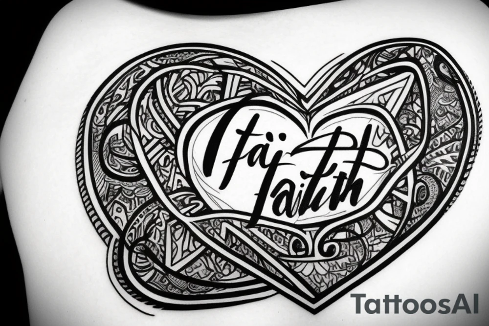 The word "Faith" written inside a heart for the shoulder area tattoo idea
