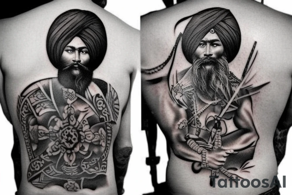 want to create a tattoo design for my back. I am attaching a few pictures for inspiration. Instead of the samurai warrior, I would to replace him with Baba deep Singh ( a Punjabi Sikh warrior). I would like the tattoo to be black work style tattoo. The two main elements I want is a fierce looking lion with baba deep Singh. Please add sacred geometric elements into the tattoo tattoo idea