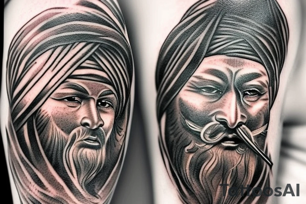 want to create a tattoo design for my back. I am attaching a few pictures for inspiration. Instead of the samurai warrior, I would to replace him with Baba deep Singh ( a Punjabi Sikh warrior). I would like the tattoo to be black work style tattoo. The two main elements I want is a fierce looking lion with baba deep Singh. Please add sacred geometric elements into the tattoo tattoo idea