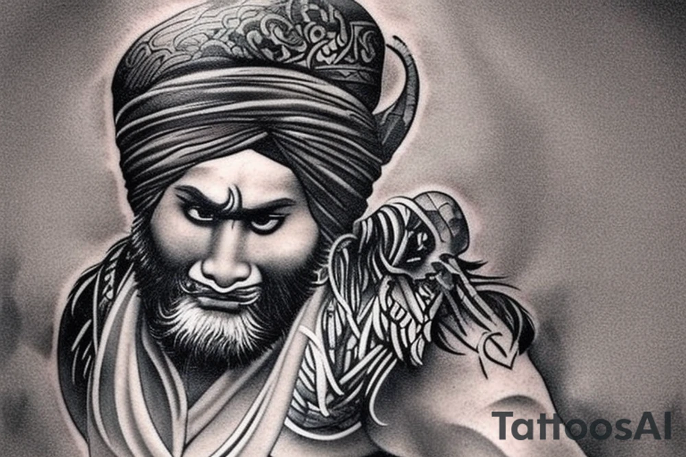 want to create a tattoo design for my back. I am attaching a few pictures for inspiration. Instead of the samurai warrior, I would to replace him with Baba deep Singh ( a Punjabi Sikh warrior). I would like the tattoo to be black work style tattoo. The two main elements I want is a fierce looking lion with baba deep Singh. Please add sacred geometric elements into the tattoo tattoo idea