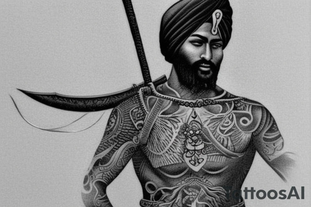 want to create a tattoo design for my back. I am attaching a few pictures for inspiration. Instead of the samurai warrior, I would to replace him with Baba deep Singh ( a Punjabi Sikh warrior). I would like the tattoo to be black work style tattoo. The two main elements I want is a fierce looking lion with baba deep Singh. Please add sacred geometric elements into the tattoo tattoo idea