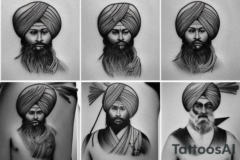 want to create a tattoo design for my back. I am attaching a few pictures for inspiration. Instead of the samurai warrior, I would to replace him with Baba deep Singh ( a Punjabi Sikh warrior). I would like the tattoo to be black work style tattoo. The two main elements I want is a fierce looking lion with baba deep Singh. Please add sacred geometric elements into the tattoo tattoo idea