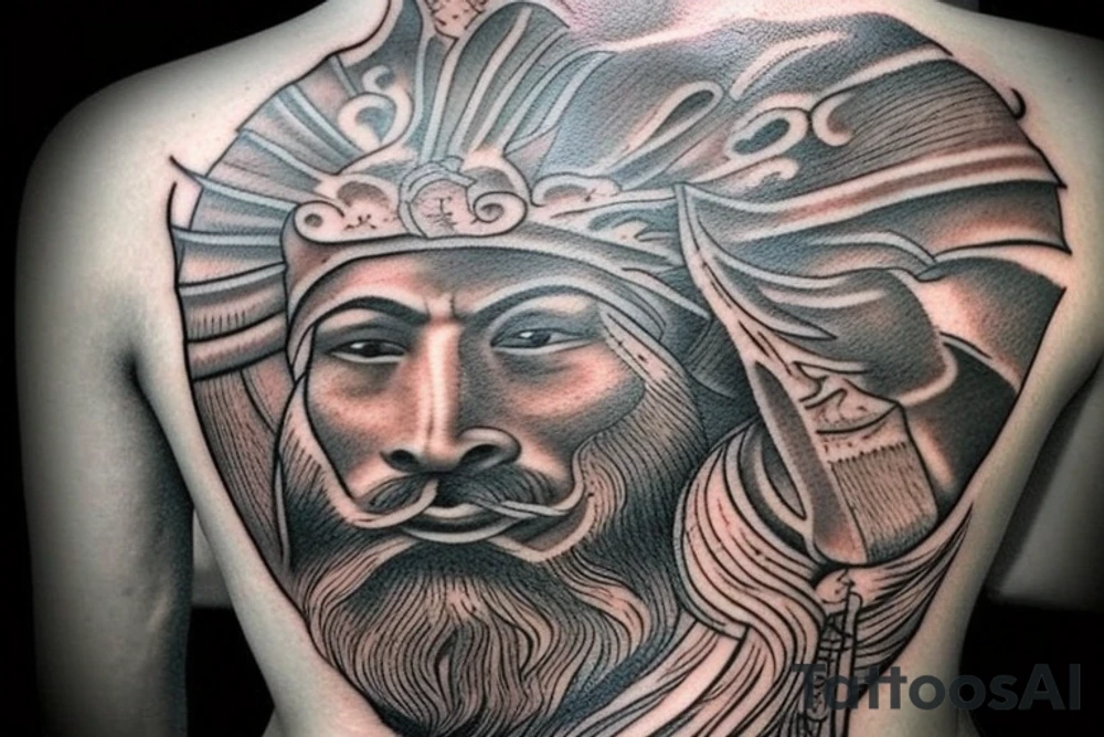 want to create a tattoo design for my back. I am attaching a few pictures for inspiration. Instead of the samurai warrior, I would to replace him with Baba deep Singh ( a Punjabi Sikh warrior). I would like the tattoo to be black work style tattoo. The two main elements I want is a fierce looking lion with baba deep Singh. Please add sacred geometric elements into the tattoo tattoo idea
