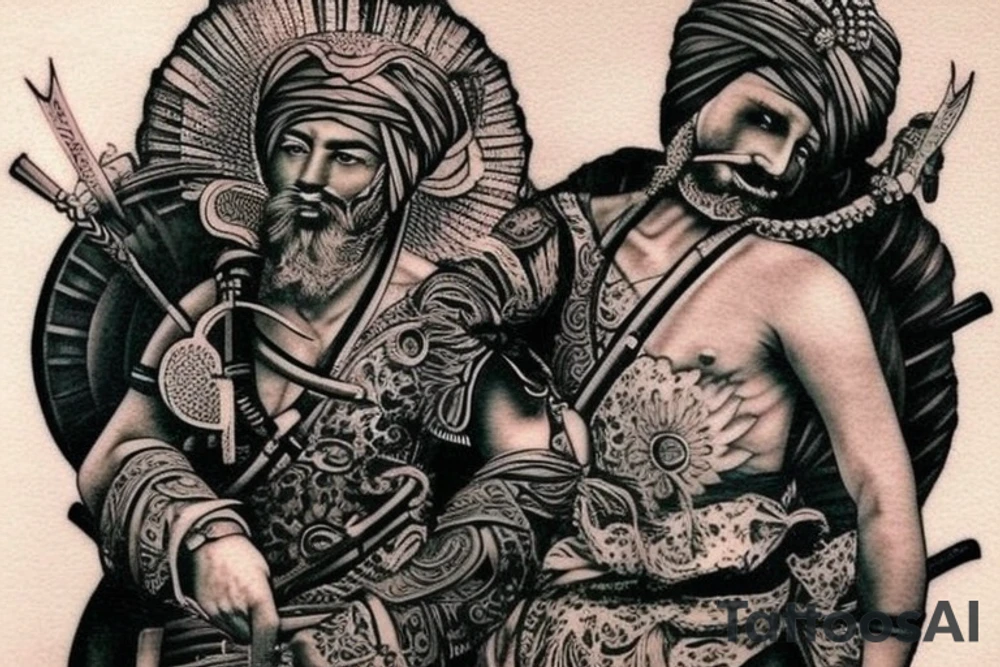 want to create a tattoo design for my back. I am attaching a few pictures for inspiration. Instead of the samurai warrior, I would to replace him with Baba deep Singh ( a Punjabi Sikh warrior). I would like the tattoo to be black work style tattoo. The two main elements I want is a fierce looking lion with baba deep Singh. Please add sacred geometric elements into the tattoo tattoo idea