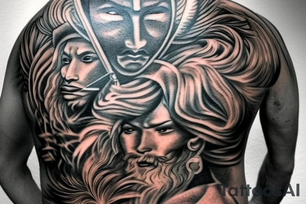 want to create a tattoo design for my back. I am attaching a few pictures for inspiration. Instead of the samurai warrior, I would to replace him with Baba deep Singh ( a Punjabi Sikh warrior). I would like the tattoo to be black work style tattoo. The two main elements I want is a fierce looking lion with baba deep Singh. Please add sacred geometric elements into the tattoo tattoo idea