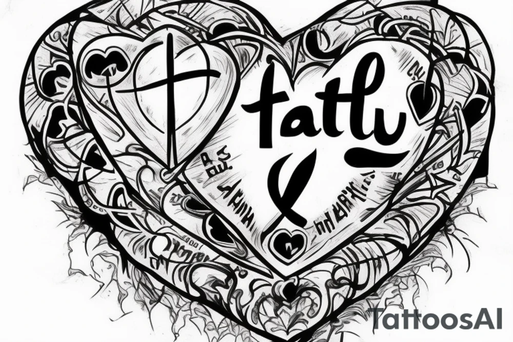 Heart with "Faith" word inside it as well as images of jesus cross tattoo idea