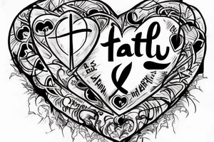 Heart with "Faith" word inside it as well as images of jesus cross tattoo idea