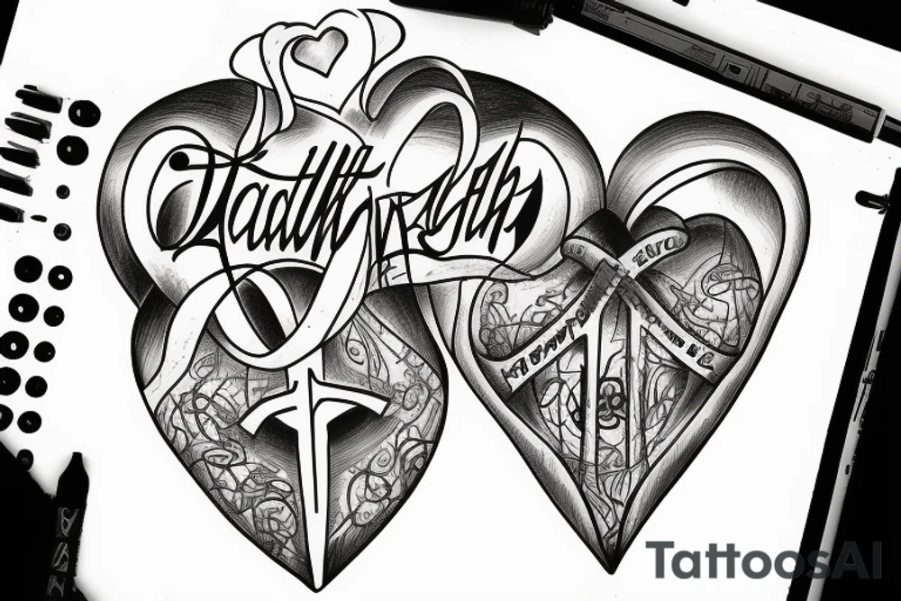 Heart with "Faith" word inside it as well as images of jesus cross tattoo idea