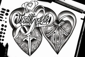 Heart with "Faith" word inside it as well as images of jesus cross tattoo idea