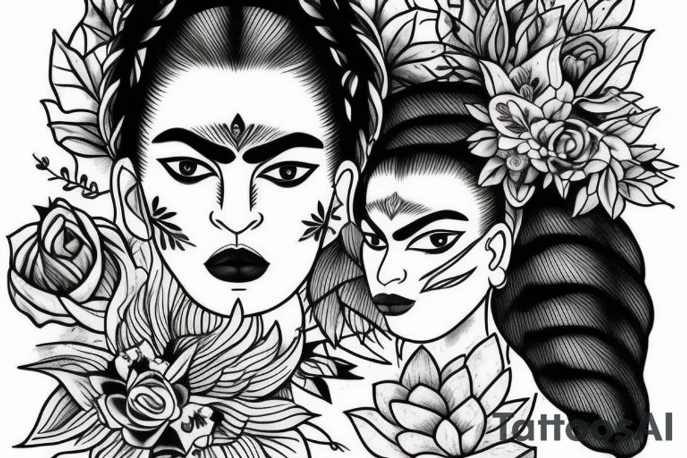 Half of a lioness face with thin, fine lines + feminine quality with light florals added tattoo idea