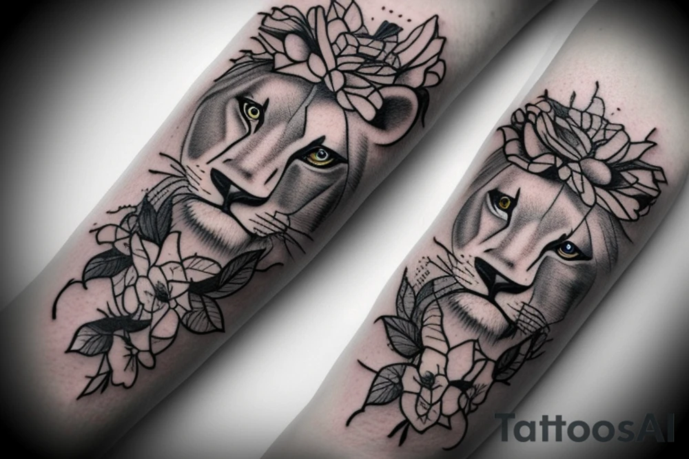 Half of a lioness face with thin, fine lines + feminine quality with light florals added tattoo idea