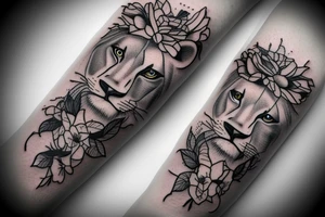 Half of a lioness face with thin, fine lines + feminine quality with light florals added tattoo idea