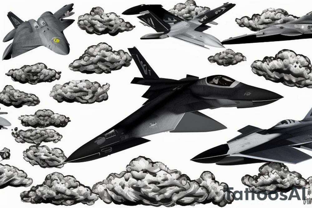 F-22 raptor jet flying through clouds tattoo idea