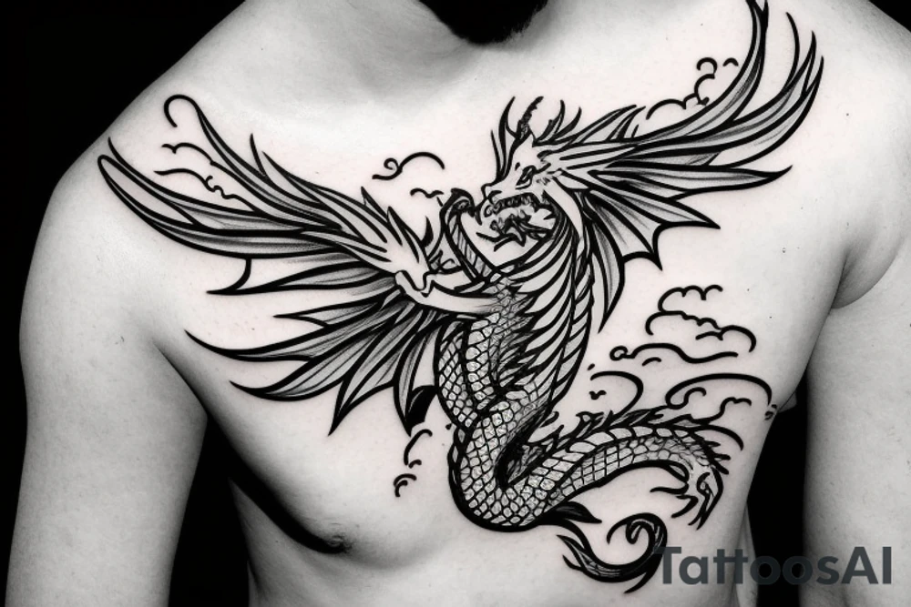 A dragon with open wings and water splashing on both sides, measuring less than 15 cm, minimalist. tattoo idea